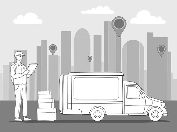Fast Free Delivery Truck Courier Delivery Man City Vector Monochrome Stock Illustration