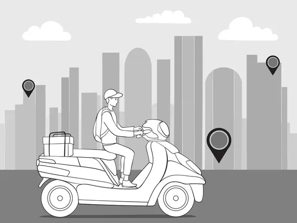 Goods Delivery Service Fast Delivery Scooter City Vector Monochrome Illustration Royalty Free Stock Vectors