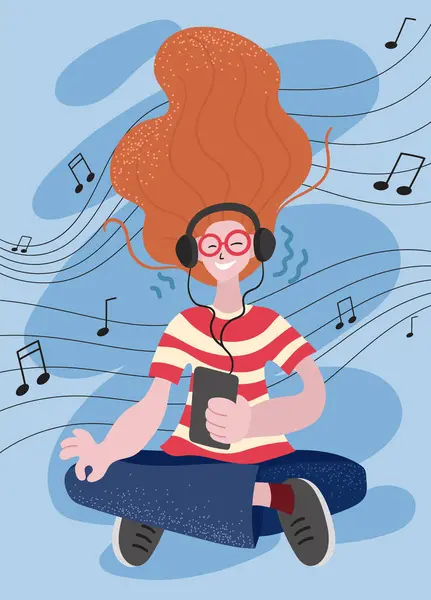 Frau Macht Yoga Hört Musik Weiblicher Charakter Drahtlosen Kopfhörern Lotusposition Vektorgrafiken