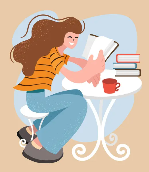 Сучасна Студентка Жінка Повсякденному Одязі Сидить Столом Кафе Читає Книгу Векторна Графіка