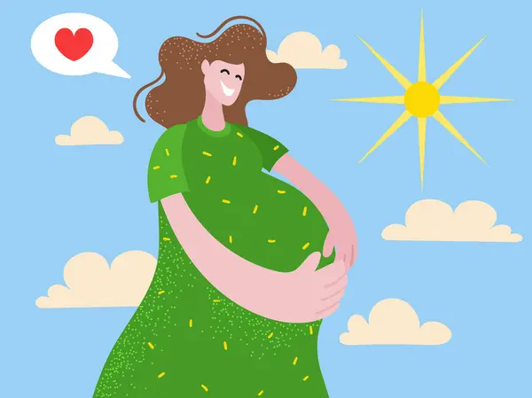 年轻女子笑着摸着肚子兴奋的怀孕与蓝色的雪和阳光 快乐的怀孕女性牵着手爱抚腹部 母亲的概念 矢量说明 免版税图库插图