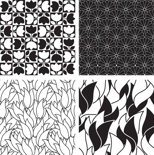 一套无缝隙抽象花卉图案 黑白矢量背景 几何叶饰 免版税图库插图