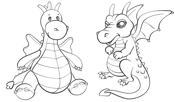 Two Dragons Set Funny Fantasy Characters Isolated White Background Black ロイヤリティフリーストックベクター