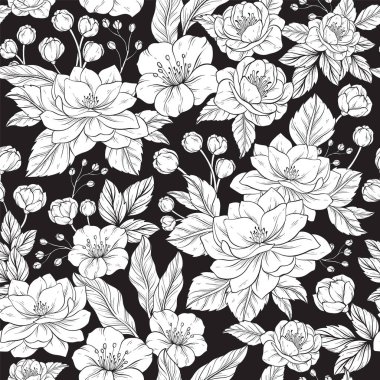 Dekoratif çiçekli siyah beyaz tekstil tasarımı, vektör deseni