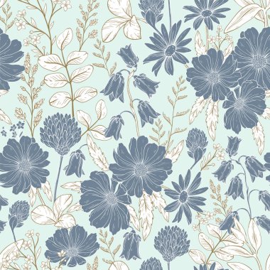 Farklı yabani otların ve çiçeklerin ya da arıtma bitkilerinin doğal ve gerçekçi desenleri. Vektör el çizimi resimleme