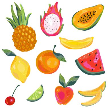 Bir dizi vektör elementi, tropikal ve turunçgil meyveleri, taze ve eğlenceli tasarım elementleri içeren renkli bir çeşitliliğe sahiptir.