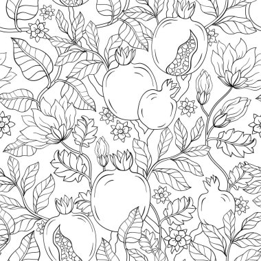 Çizgili sanat eseri, nar yaprağı ve çiçek deseni. Kırmızı taşsız desenli vektör çizimi. Nar kepeği meyvesi..