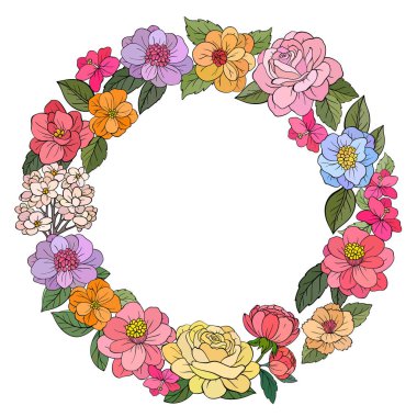 circular wreath made of floral elements. Flower red, burgundy, navy blue rose and green leaves. Vector illustration