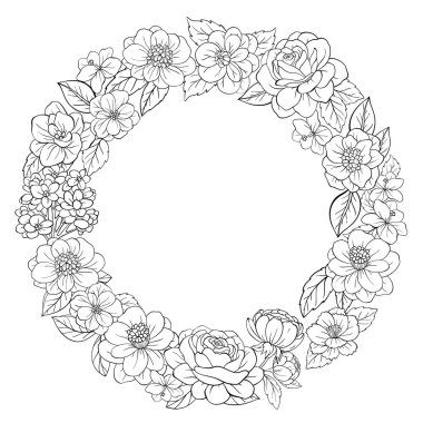 Çiçek elementlerinden yapılmış çizgili dairesel çelenk. Çiçek ve yapraklar. Vektör illüstrasyonu