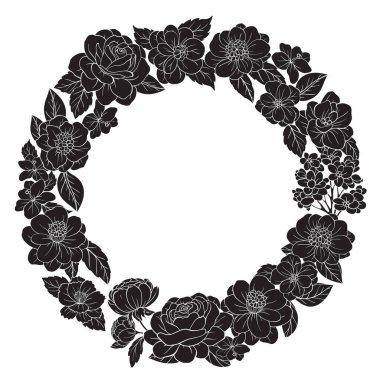 Çiçek elementlerinden yapılmış siluet dairesel çelenk. Çiçek ve yapraklar. Vektör illüstrasyonu