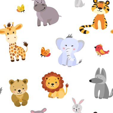 Aslanlar, filler, zürafalar, kuşlar ve beyaz bir arka planda kelebekler de dahil olmak üzere sevimli çizgi film tarzı vahşi hayvanları içeren kusursuz bir vektör deseni.