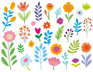 Renkli el çizimi çiçekler içeren bir vektör kümesi ve neşeli ve modern bir şekilde ayrılıyor