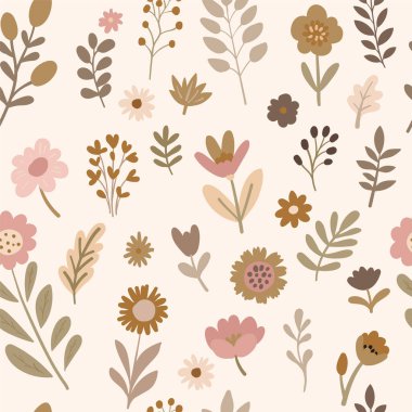 Cilt tonlarını içeren pürüzsüz bir vektör deseni elle çizilmiş çiçekler ve neşeli ve modern bir tarzda yapraklar.