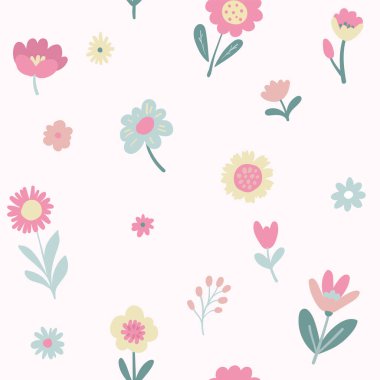 Renkli el çizimi çiçekler ve neşeli bir bebek stili olan bebek arkaplanından oluşan kusursuz bir vektör deseni.