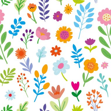 Elle çizilmiş çiçeklerin ve yaprakların neşeli ve modern bir şekilde ayrıldığı kusursuz bir vektör şablonu.