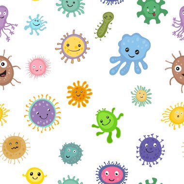 Bağırsaklarında çeşitli bir mikrobiyomu temsil eden, güler yüzlü ve oyuncu ifadeli çeşitli çizgi film stili bağırsak bakterilerinin renksiz vektör çizimleriyle kusursuz desen.