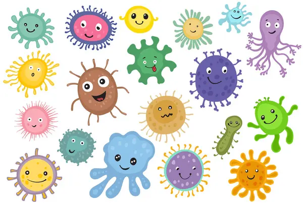 Bağırsaklarında çeşitli bir mikrobiyomu temsil eden, güler yüzlü ve oyuncu ifadeleri olan çeşitli çizgi film tarzı bağırsak bakterilerinin renkli bir vektör çizimi