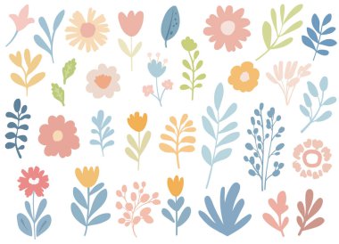 Renkli el çizimi çiçekler ve tuhaf ve oyuncu bir şekilde yaprakların yer aldığı çocuk çizimlerinin vektör çizimi