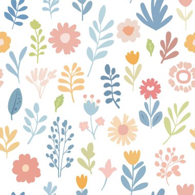 Renkli el çizimi çiçekler ve tuhaf ve oyuncu bir şekilde yapraklardan oluşan çocuk çizimleriyle kusursuz desen, bir vektör çizimi