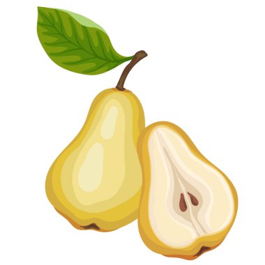 Taze armut ve armut yarısı, düz şekilde vektör çizimi. Beyaz arkaplanda izole