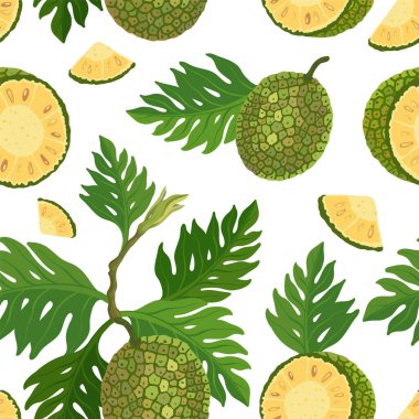 Beyaz arkaplanda yaprakları olan ekmekmeyveli kusursuz desen, vektör illüstrasyonu.