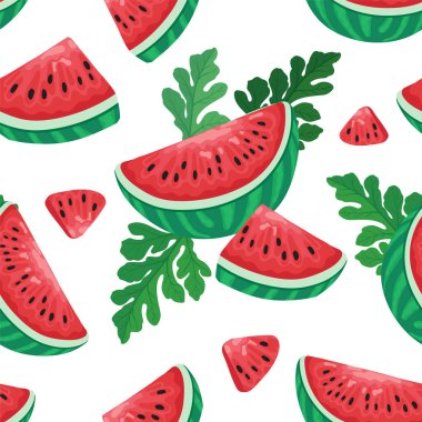 Vektör çizimi. Karpuzlu kusursuz desen, yarım karpuz, bir parça karpuz, bir dilim karpuz ve yapraklar.