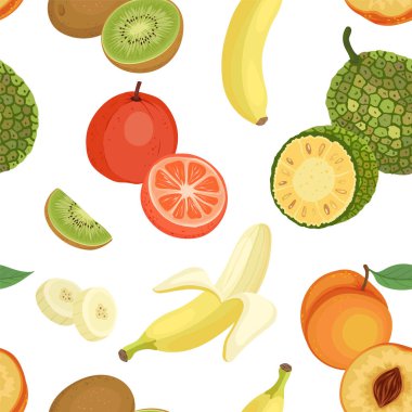 Muz, kivi, portakal, Jackfruit, hurma ve şeftali içeren tropikal ve egzotik meyvelerin renksiz bir karışımını içeren kusursuz bir vektör deseni çizimi