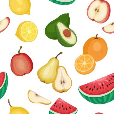 Limon, avokado, armut, elma, karpuz, portakal ve lokuat gibi çeşitli renkli meyveleri içeren kusursuz bir vektör deseni çizimi