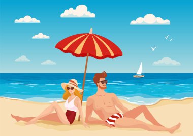 Kırmızı bir şemsiye altında kumlu bir plajda güneşli havanın tadını çıkaran genç bir çiftin vektör çizimi. Arka planda bir yelkenli ve martılar var.