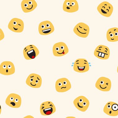 Mutluluk, şaşkınlık, korku ve daha fazlası gibi farklı duyguları ifade eden, çeşitli emoji yüzleri olan kusursuz bir vektör çizimi.