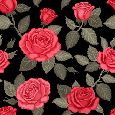 Siyah arka planda gül çiçekleri olan kusursuz bir desen. Tasarım için vektör renkli baskı çizimi