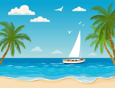 Okyanusta yelkenli, palmiye ağaçları, beyaz bulutlar ve mavi gökyüzünde uçan martıların olduğu tropikal bir plaj sahnesinin vektör çizimi.