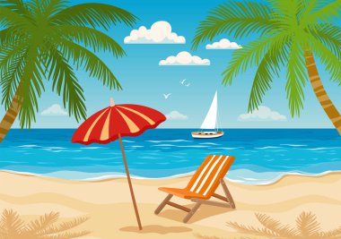 Kırmızı şemsiyeli tropik bir plajın vektör çizimi, çizgili bir şezlong, palmiye ağaçları, sakin bir okyanus ve parlak mavi gökyüzünün altında bir yelkenli.