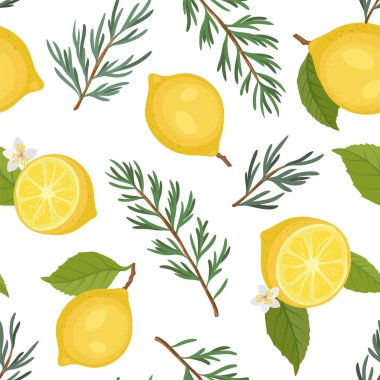 Beyaz arka planda taze sarı limonlar, yeşil yapraklar ve biberiye filizlerinden oluşan kusursuz bir vektör deseni.