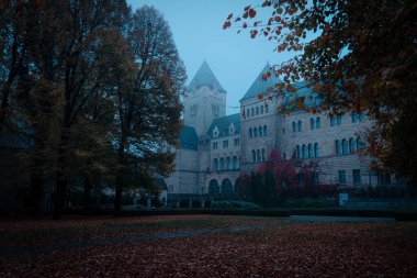 Poznan 'daki İmparatorluk Kalesi (Zamek Cesarski w Poznaniu). Avludan görüntü geliyor. Bulutlu havada uğursuz kale