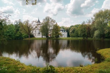 Radziejowice 'deki saray. Saray kompleksinin Neo-Gotik bölümü Zameczek. Kalenin kuzey cephesi