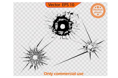 Şeffaf arka planda kırık camlar. Kırık cam dokusu. Kırık cam efekti, kırık cam, çatlak pencere, kırık ayna ya da duvar. EPS 10. Vektör çizimi. Sadece ticari kullanım