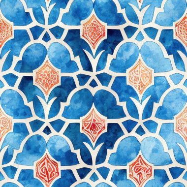 Suluboya ve guaj tekniğinde kusursuz mozaik geometrik arabesk, tekerrür.