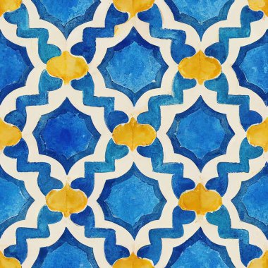 Suluboya ve guaj tekniğinde kusursuz mozaik geometrik arabesk, tekerrür.