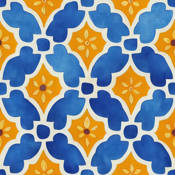 Sömlös Mönster Mosaik Geometriska Arabesque Upprepning Akvarell Och Gouache Teknik — Stockfoto