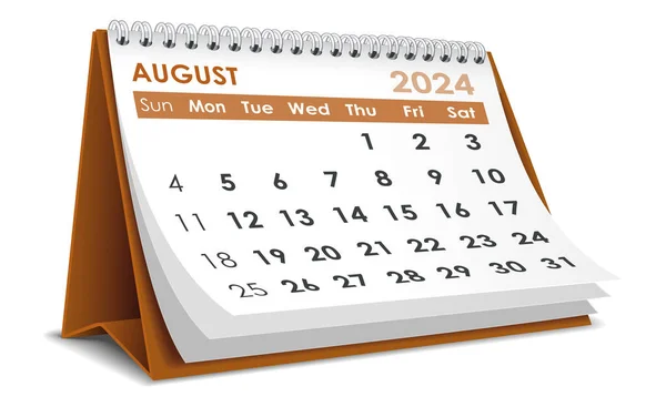 Illustrazione Vettoriale Agosto 2024 Calendario Isolato Sfondo Bianco Realizzato Adobe — Vettoriale Stock