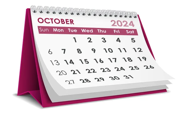 Illustrazione Vettoriale Ottobre 2024 Calendario Isolato Sfondo Bianco Realizzato Adobe — Vettoriale Stock