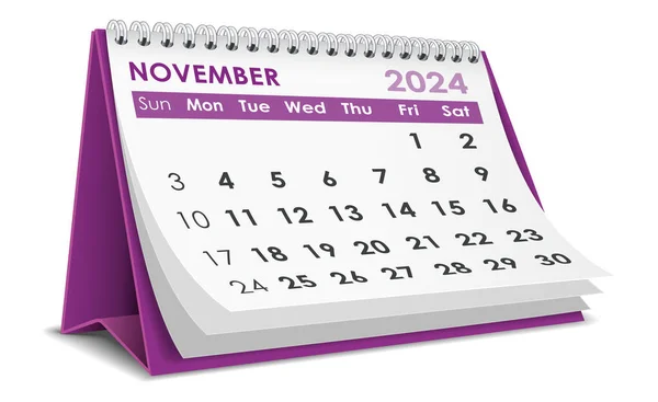 Illustration Vektor November 2024 Kalender Isolerad Vit Bakgrund Gjord Adobe — Stock vektor