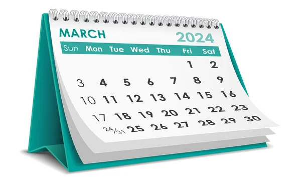 Ilustracja Wektor Marzec 2024 Kalendarz Izolowany Białym Tle Wykonane Adobe — Wektor stockowy