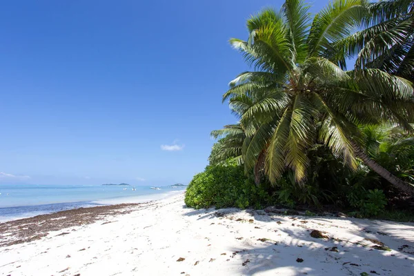 Digue Seychelles Abril 2019 Vista Playa Con Barcos Digue — Foto de Stock