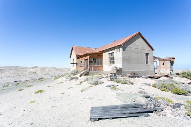 Pomona, Namibya - 15 Ağustos 2018: Namibya 'daki Pomona hayalet kasabasının manzarası