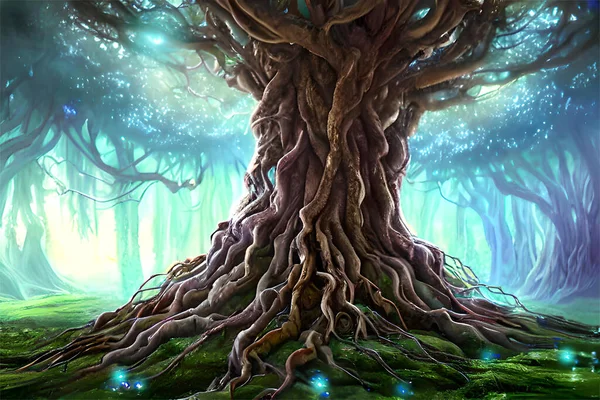 The Ethereal Tree of Life is an imaginary tree that represents the essence of nature, life, and growth. It is depicted as a towering, celestial entity with branches and roots reaching up to the sky and deep into the earth. Its branches and leaves are