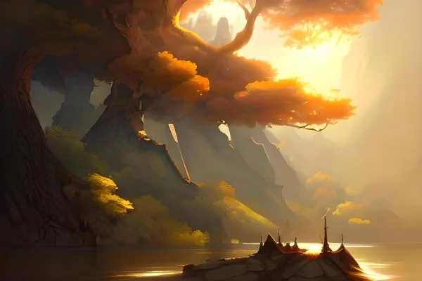 Fantasy Frontier Would Describe Image Landscape Set Fantasy Epic Game Fotos De Bancos De Imagens
