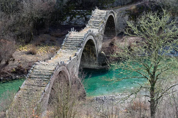 View Traditional Stone Kalogeriko Plakida Bridge Zagori Epirus Greece Autum — Stock Photo, Image