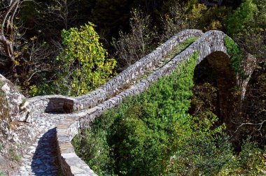Yunanistan 'ın Selanik kentindeki Agrafa köyü yakınlarındaki Agrafa dağlarında geleneksel bir taş köprü manzarası